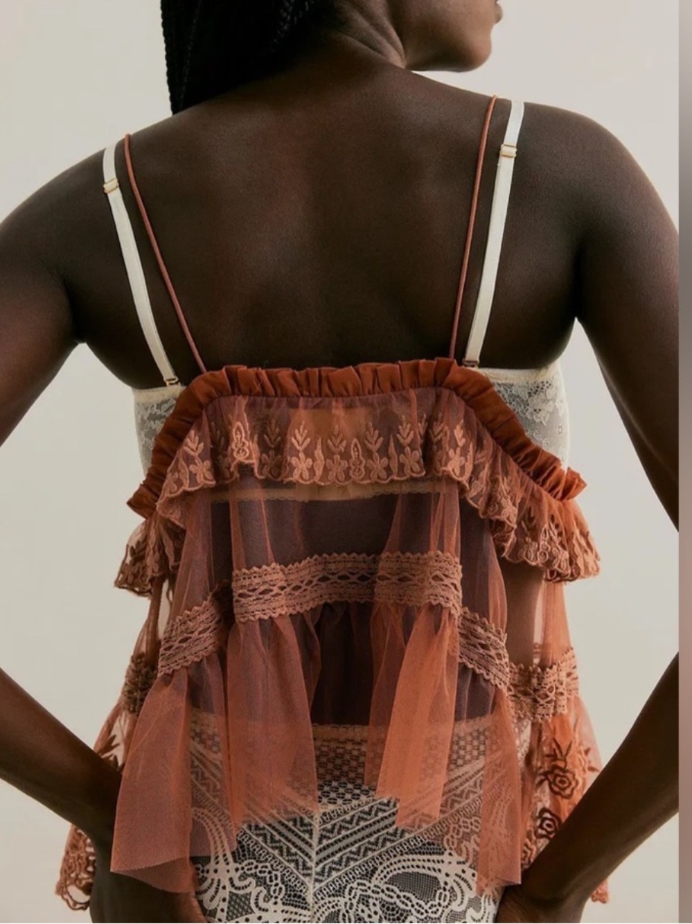 NWOT Free People Sofia Sheer Rust Lace Ruffle Cami Top - Picture 3 of 6